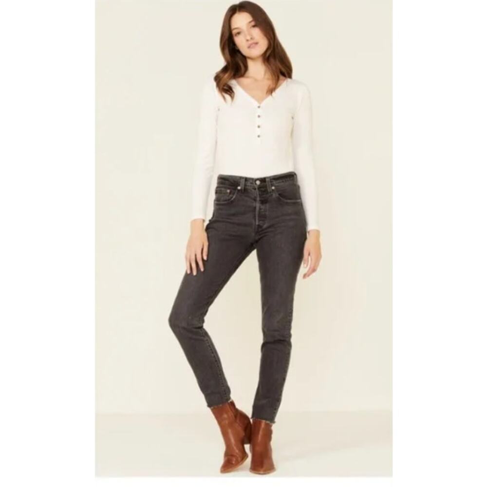 Levi's 501 Skinny Denim Jeans‎ Washed Black 26 Button Fly Frayed Hem Classic